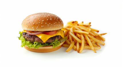 Cheeseburger with a side of thin shoe string fries isolated on a white background