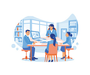 A group of cheerful students sat at a table in the library, discussing learning to write a document on a laptop. Students in the learning process. flat vector modern illustration 