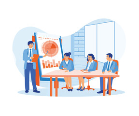 Male leader presenting to the board, business planning, and analysis. Project management and startup development. Business analysis instruments. flat vector modern illustration