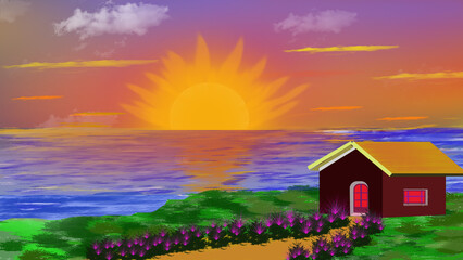 Sun rise in the morning, river side small house landscape
