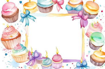 Pastel-colored frame with free space for text, a small birthday cake, candles, large bows