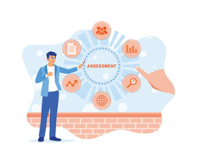 A male businessman presses the assessment button on the virtual screen. Evaluate business technology. Business analysis concept. Flat vector illustration.