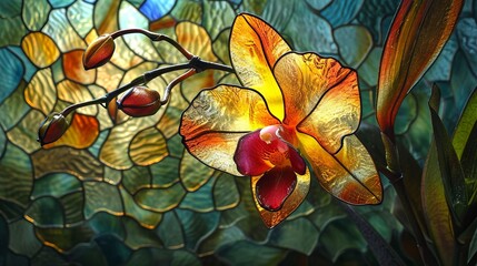Stained glass window background with colorful Flower and Leaf abstract.	
