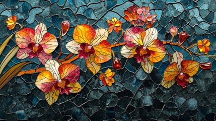 Stained glass window background with colorful Flower and Leaf abstract.	
