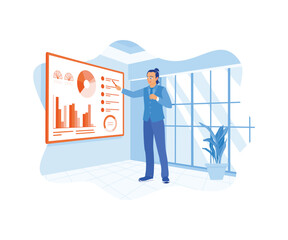 CEO displays product sales data for a team of investors. Income growth graph on the projector screen. Business analysis concept. Flat vector illustration.