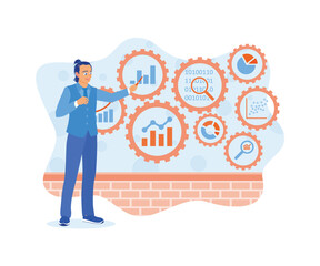 The male manager is touching gears connected to KPI financial charts and graphs. Business analysis concept. Flat vector illustration.