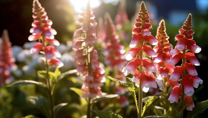 Sunlight softly illuminates pink hollyhocks in a serene garden setting.	