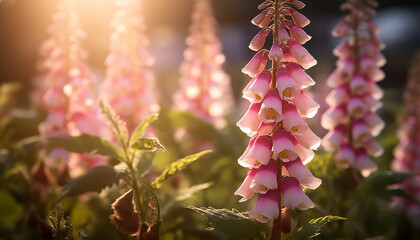Sunlight softly illuminates pink hollyhocks in a serene garden setting.	