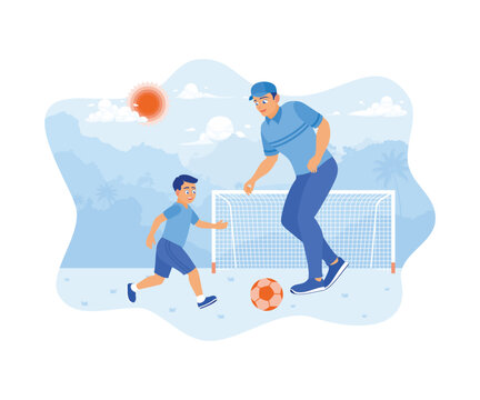 Father and son playing football on the field. Spending holiday time with family. Children's concept. flat vector modern illustration 