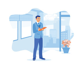 Male boss using a tablet in office. Analyzing office financial data. Finance control scenes concept. flat vector modern illustration