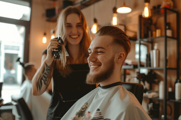 Young female hairdresser working hair clipper with a man - obrazy, fototapety, plakaty