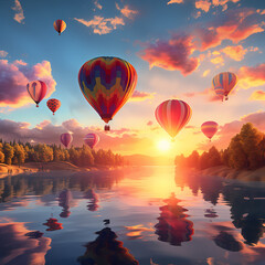 A cluster of hot air balloons against a sunrise sky