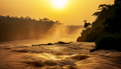 Sunset over a powerful Inga waterfall in the democratic republic of Congo with mist rising and the sky painted in warm hues, AI generated	