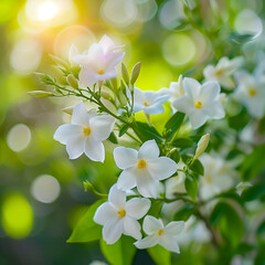 white flowers with green leaves against s vibrant bokeh background, AI generated.	