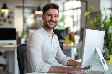 Obraz premium Portrait of Enthusiastic white man Working on Computer in a Modern Bright Office. Confident Human Resources Agent Smiling Happily While Collaborating Online with Colleagues