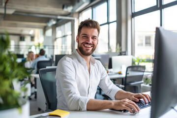 Fototapeta na wymiar Portrait of Enthusiastic white man Working on Computer in a Modern Bright Office. Confident Human Resources Agent Smiling Happily While Collaborating Online with Colleagues