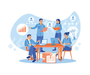 Male entrepreneurs and female entrepreneurs take part in business activities. Teamwork in the office. Team communication. flat vector modern illustration 