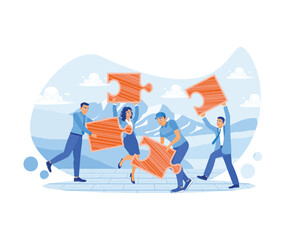 People connect puzzle elements with a puzzle, a symbol of teamwork to achieve success. Team communication. flat vector modern illustration 