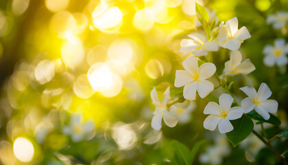 white flowers with green leaves against s vibrant bokeh background, AI generated.	