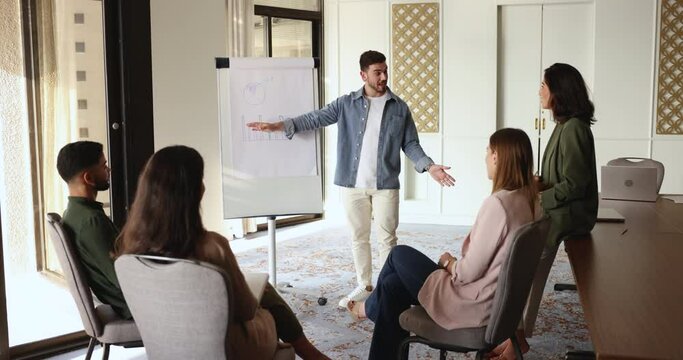 Arabian man corporate trainer gives flip chart presentation for diverse employees. Team leader reporting, showing diagram with sales result use whiteboard, planning strategy, speaks at group seminar