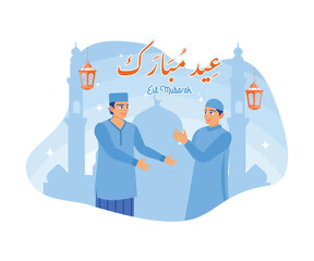 Two young Muslims welcomed the Eid al Fitr holiday happily. Forgive each other. Happy Eid Mubarak concept. flat vector modern illustration 