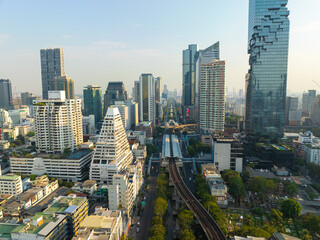 Naklejka na ściany i meble Aerial view Silom city building with BTS skytrain