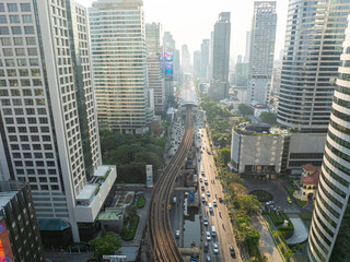 Aerial view Silom city building with BTS skytrain