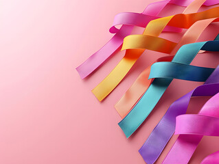 Colorful satin ribbons on pink background. Vector illustration.