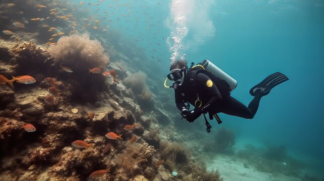 person in diving suit dives over a vibrant coral reef and explores the underwater world.