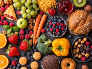 Healthy and unhealthy food background from fruits and vegetables vs fast food, sweets and pastry top.Diet and detox against calorie
