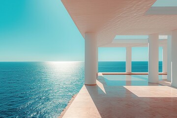 Fototapeta na wymiar Luxury apartment terrace Santorini Interior of modern living room sofa or couch with beautiful sea view.