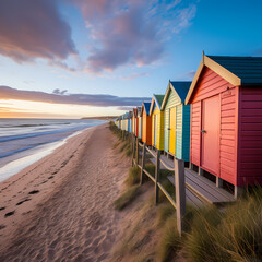 A row of colorful beach huts along the shore.