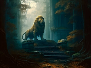 giant lion statue and stairs in a forest