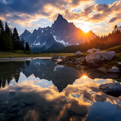A serene mountain lake reflecting the sunrise.