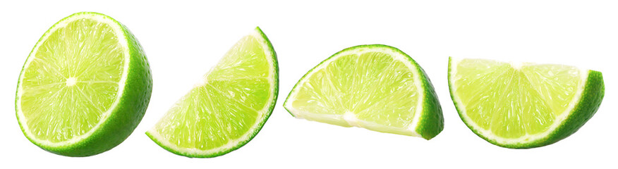 Natural fresh lime half and slice isolated, transparent PNG, PNG format, cut out.