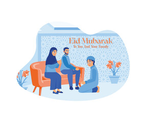 Muslim families carry out the sunken tradition during Eid al Fitr. The boy apologizes to his parents. Happy Eid Mubarak concept. flat vector modern illustration 