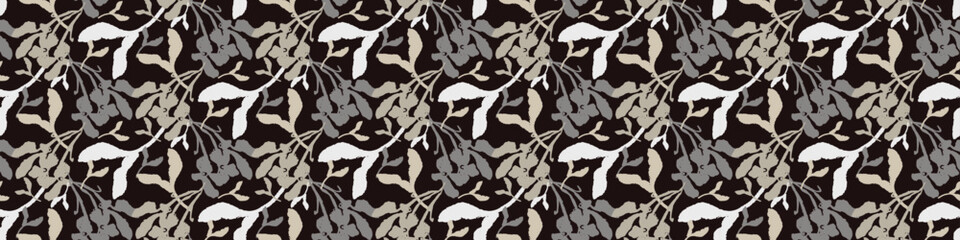 Masculine vector floral border with organic botanical shapes. Modern bold black white flower print, design in neutral scandi style.