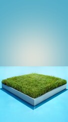 Platform surface of astroturf green grass isolated on blue background 