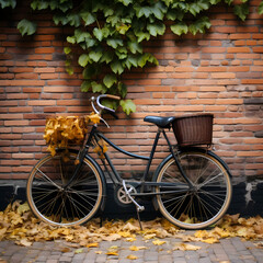 Fototapeta na wymiar A vintage bicycle against a brick wall with ivy.