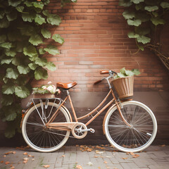 A vintage bicycle against a brick wall with ivy.