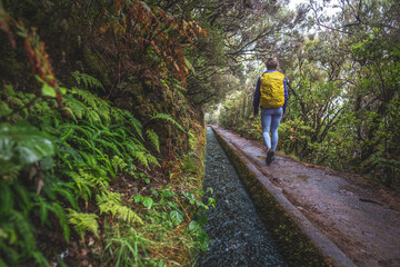 Female tourist with backpack walks along water channel path through a laural forest on a rainy day. 25 Fontes waterfalls, Madeira Island, Portugal, Europe.