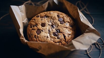 Freshly baked chocolate chip cookie in a brown paper bag - Powered by Adobe