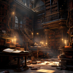 Naklejka premium Ancient library with dusty books and hidden scrolls