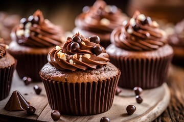 Tasty chocolate cupcakes on a wooden plate