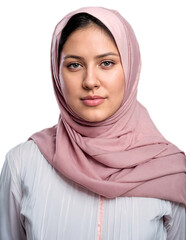 A woman smiles wearing a hijab