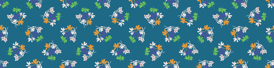 Fototapeta na wymiar Trendy vector floral pattern with organic botanical shapes border. Modern bold summer flower print, ribbon design in scandi style.