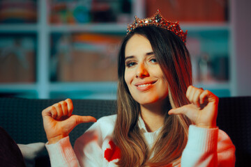 Woman Wearing a Princess Crown Feeling Special and Important. Self-absorbed person pointing to herself boosting her ego  © nicoletaionescu