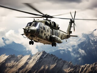 Fototapeta na wymiar Helicopter Flying High Above Mountain Range - AI Generated