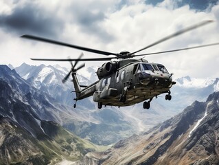 Fototapeta na wymiar Helicopter Flying High Above Mountain Range - AI Generated