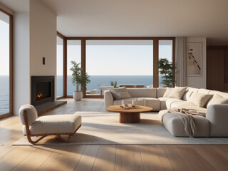 Coastal Lounge, Relaxing Seaside Living Room with Beige Sofa